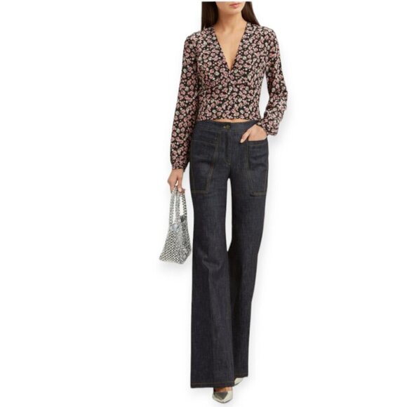 INTERMIX 100% Silk Floral Blouse Black V-Neck P/S - Picture 2 of 14